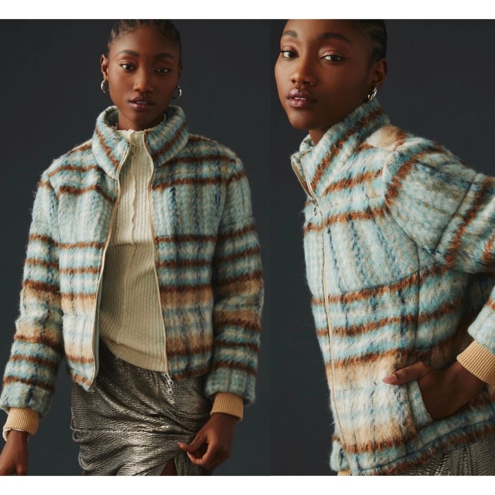 Anthropologie Blue and Brown Plaid Bomber Jacket